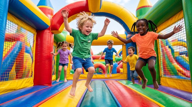 Joyful diverse kids excitedly jump and play in a vibrant inflatable bouncy castle, experiencing pure childhood fun and laughter outdoors