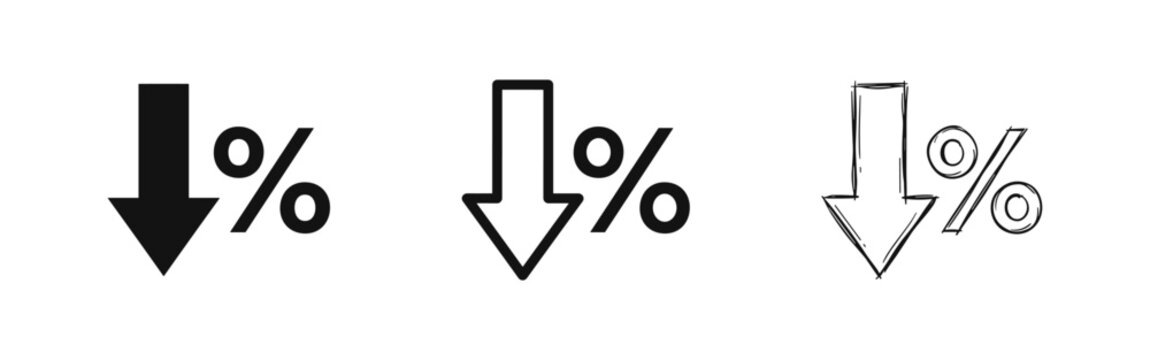 Percentage down arrow icon set, symbolizing discount or price reduction in solid, outline, and hand-drawn styles.