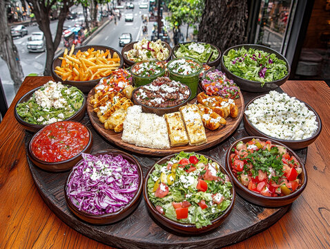 Vibrant spread of diverse dishes: salads, fries, cheeses, and dips on a table overlooking a busy city street