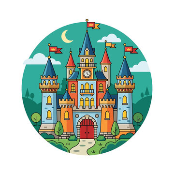 Colorful medieval fantasy castle structure.