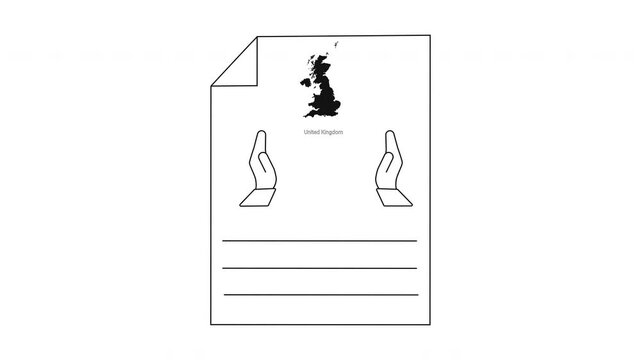 Outline of a document with a map of the UK and hands.