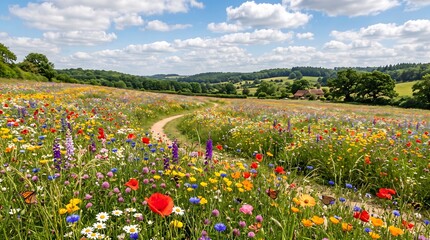 Obraz premium Beautiful wildflower meadow with winding dirt path through colorful flowers under bright blue sky with fluffy white clouds in english countryside.