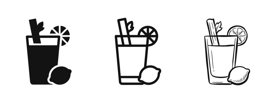 Cocktail drink icon set with lemon and celery