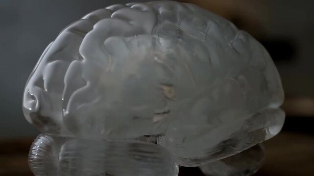 Translucent glass brain sculpture with warm internal glow shifting across detailed cortical folds in studio close-up, clinical concept image with reflective surface, soft shadowing, and luminous