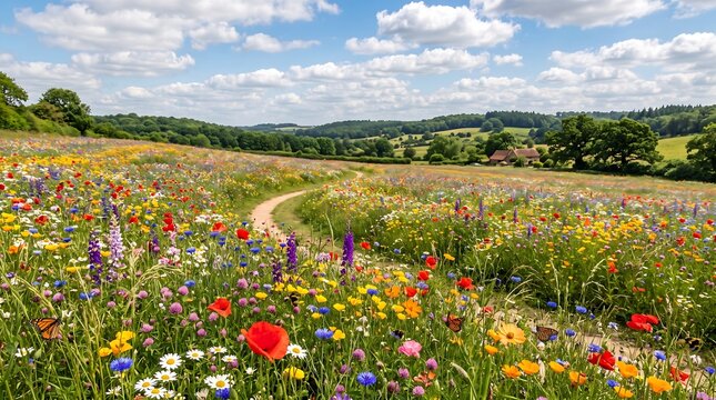 Beautiful wildflower meadow with winding dirt path through colorful flowers under bright blue sky with fluffy white clouds in english countryside.