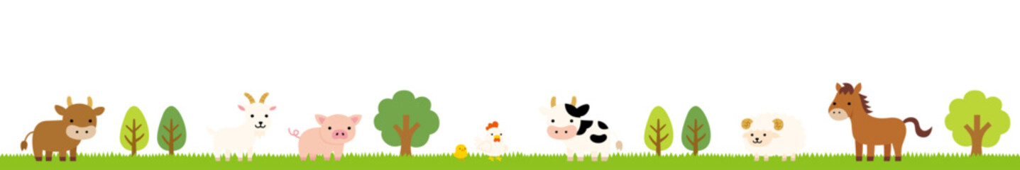 ポップでかわいい牧場の動物たちのフレーム背景イラスト © nyaramero