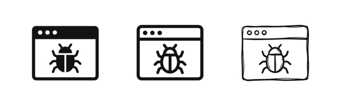 Set of Software Bug Icons in Window in Three Styles