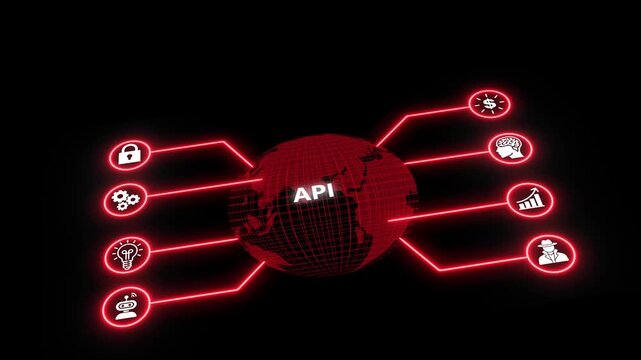 Api integration network concept with glowing red digital globe and tech