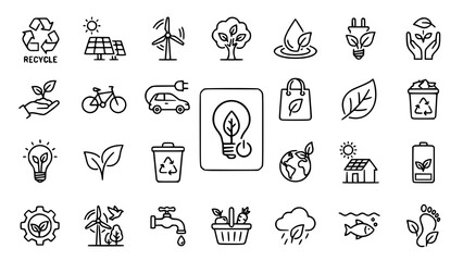 Fototapeta premium Eco friendly line icons set sustainability renewable energy and environmental conservation concepts