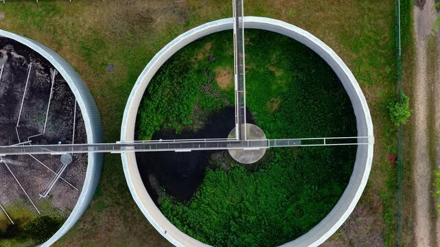 Aerial Drone Video Biogas Plant Circular Digester Tanks Rotating Agitator Mechanism