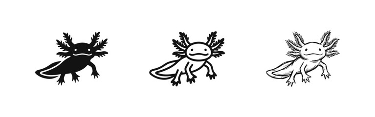 Fototapeta premium Axolotl icon set, cute aquatic salamander animal illustration