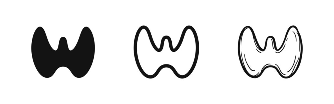 Abstract biological thyroid shape icon in three styles: solid, outline, and hand-drawn sketch