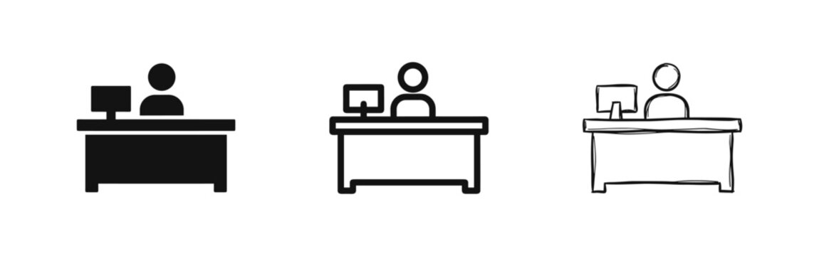 Office worker desk icon set, workplace and business administration