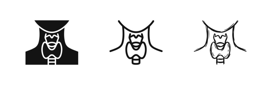 Thyroid gland anatomy icon set, medical health symbols in glyph, outline, and hand-drawn sketch styles