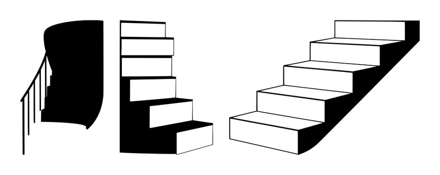 Staircase icon set with solid black line art design featuring staircase, navigation, architecture with icons and symbols