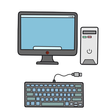Desktop PC computer doodle vector illustration for technology and office concept