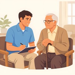 Obraz premium Male Therapist Supporting Elderly Patient in Care Home During Rehabilitation and Healthcare Consultation
