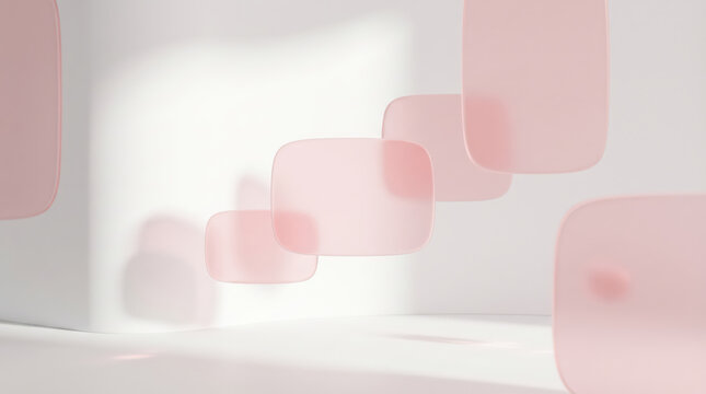 Soft pink frosted rounded panels floating in minimal white interior with gentle shadows pastel abstract background for beauty wellness branding calm modern design space serenity copyspace
