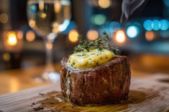 Prime steak topped with melting herb butter served on cutting board in upscale restaurant setting with steam warm lights gourmet dinner indulgent cuisine savory premium meal hospitality menu luxury