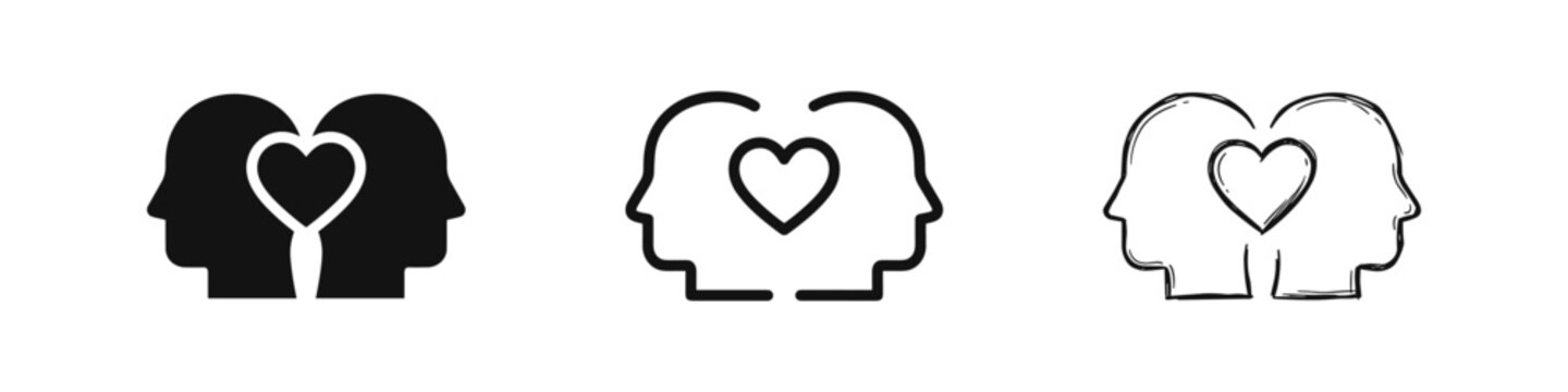 Set of three icons of two human heads facing each other with a heart in the middle