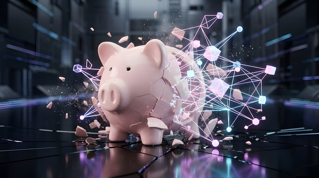 Cinematic photo of a piggy bank shattering to reveal a glowing magenta decentralized digital network inside.