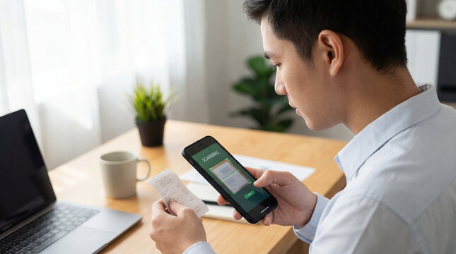 Young professional man scanning paper receipt with smartphone at home office desk for expense tracking budget app digital bookkeeping remote work finance organization daily routine