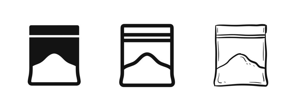 Set of three plastic bag with powder icons in solid, outline, and sketch styles