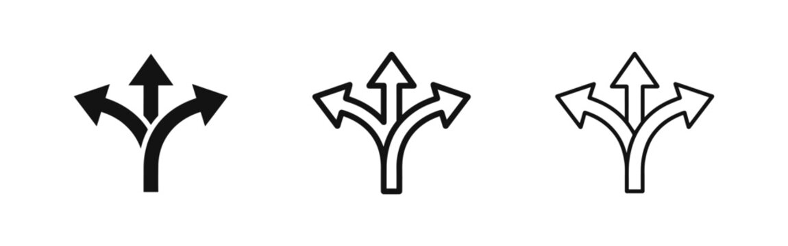 Three-Way Arrow Split Icon Set in Solid, Outline and Sketch Styles