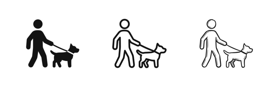 Person walking a dog icon set, solid, outline and sketch styles