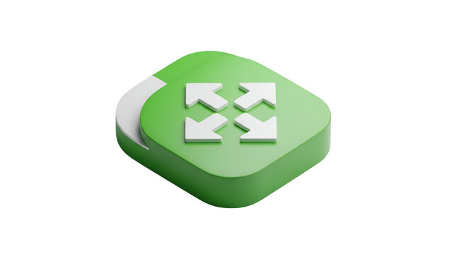 Green rounded square button featuring white outward pointing arrows representing a fullscreen mode interface element for modern digital user applications
