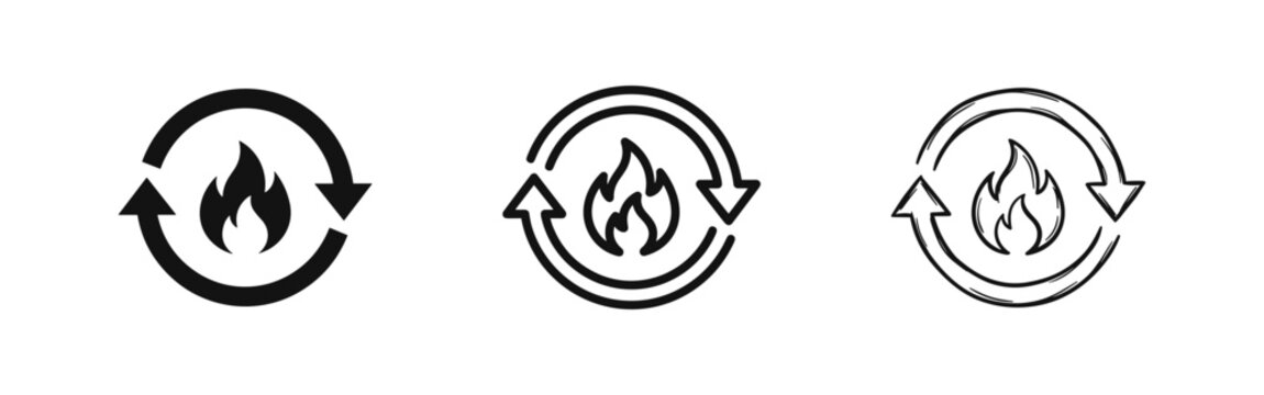 Fire cycle icon set, reload or recycle flame symbols