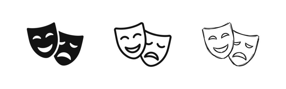Theater masks icon set, comedy and tragedy symbols