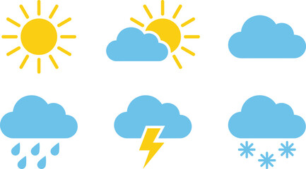 Obraz premium Minimalist Weather Forecast Vector Icon Set Featuring Sunny Partly Cloudy Rainy Thunderstorm and Snowy Symbols for Mobile App Widget Interfaces
