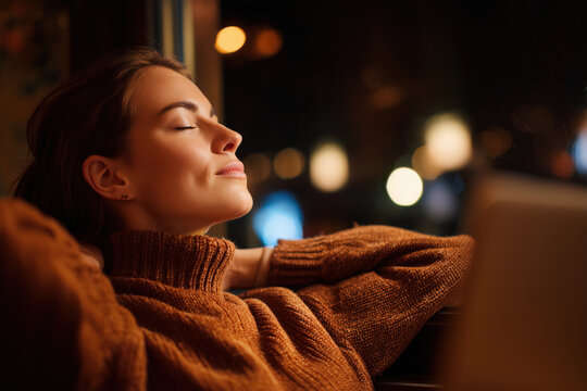 Relaxed woman resting by window at night in cozy sweater with eyes closed peaceful expression city lights mindful pause home comfort calm evening self care lifestyle wellbeing relaxation warmth