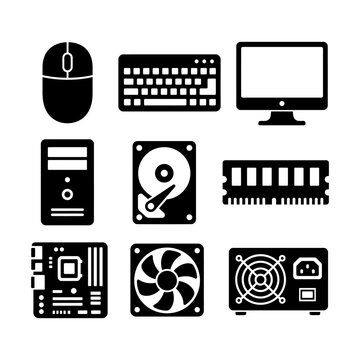 Collection of black-and-white icons illustrating computer hardware components including a keyboard, monitor, hard drive, and CPU cooler.