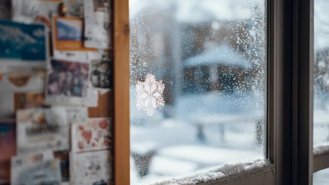 Frosted glass with a snowflake sticker overlooks a snowy landscape, creating a peaceful winter ambiance. The blurred postcards add a touch of personal charm and cozy atmosphere