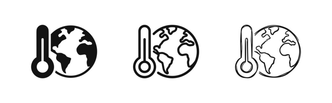 Global warming and world thermometer icons in flat, outline and doodle style