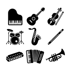 Fototapeta premium Collection of minimalist icons featuring musical instruments such as piano, guitar, violin, saxophone, trumpet, and drums in a bold design.