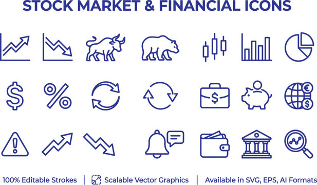 Stock Market and Financial Icons: A collection of blue line icons representing various aspects of the stock market and finance, including bulls, bears, charts, currency symbols.