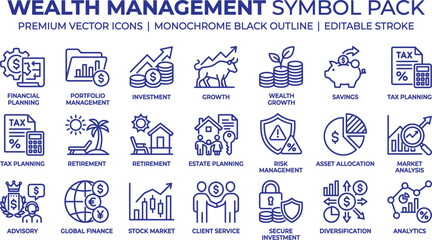 Fototapeta premium Wealth Management Symbol Pack: A comprehensive collection of monochrome vector icons illustrating key concepts in financial planning, investment, savings, retirement, risk management.