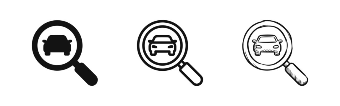 Car search magnifying glass icon set in flat, outline, and sketch styles