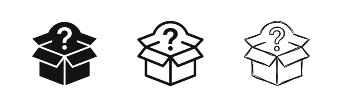 Mystery box with question mark icon set in flat, outline, and sketch styles