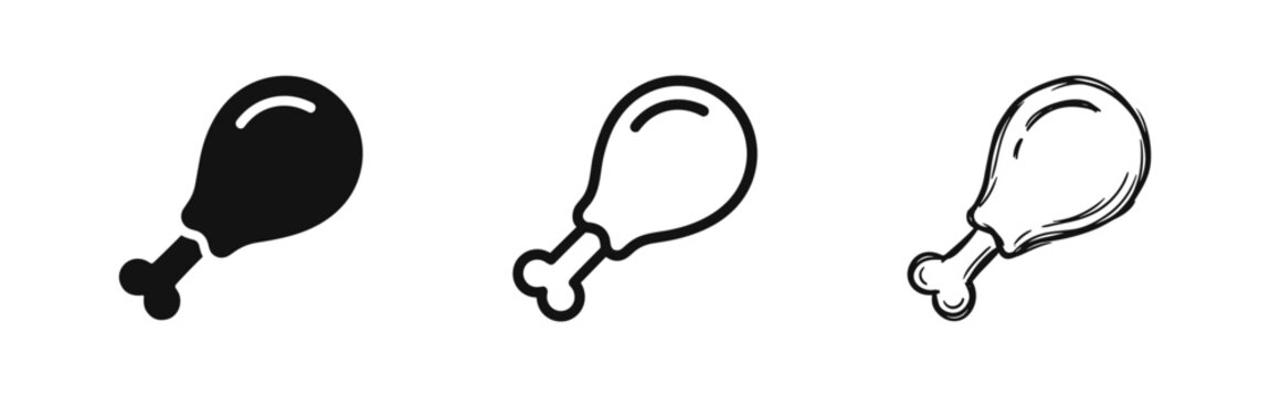 Chicken leg drumstick icon set in solid, outline, and sketch style