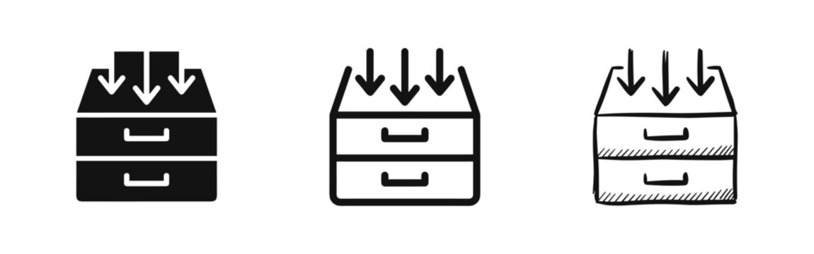 File cabinet drawer icon set, document storage vector signs