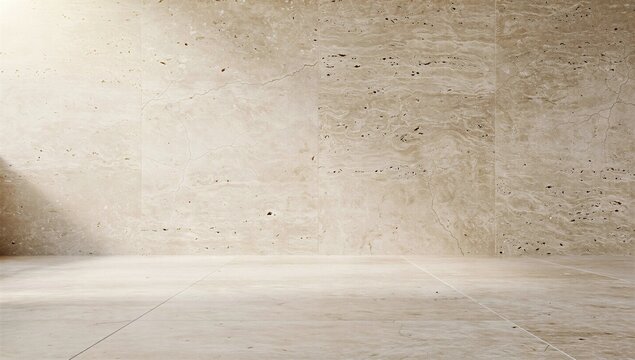 Luxury beige travertine stone wall and floor background with premium copy space
