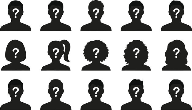 Anonymous user profile avatar silhouette set vector illustration with question mark icon isolated on white background