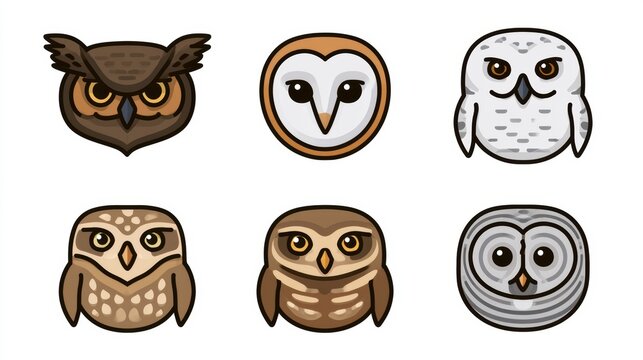 Six owl species are shown in front-facing portraits with bold outlines and warm colors on a white background, arranged in a grid.