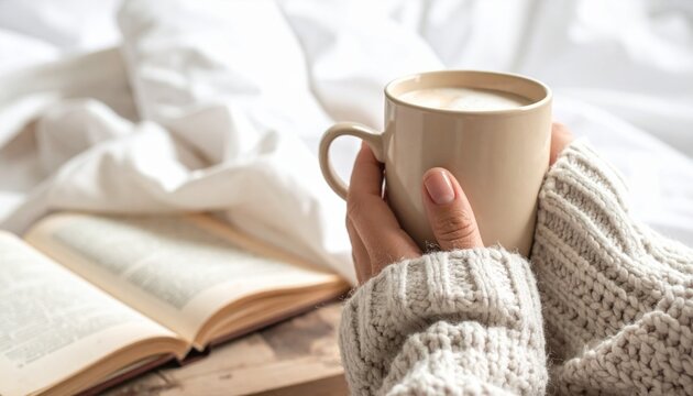 Cozy hands holding a warm ceramic mug of coffee beside an open book and a knitted blanket, creating a moment of serene relaxation.