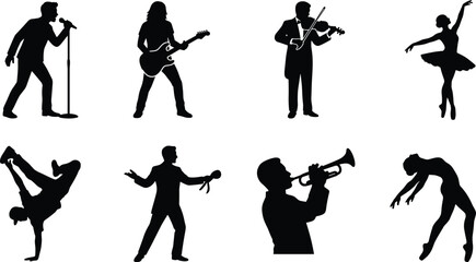 Performing arts silhouette vector set featuring singer guitarist violinist ballerina breakdancer trumpet player and modern dancer © SHEMA