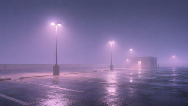 Empty Foggy Parking Lot at Night with Neon Lights and Wet Asphalt in Dreamlike Liminal Space